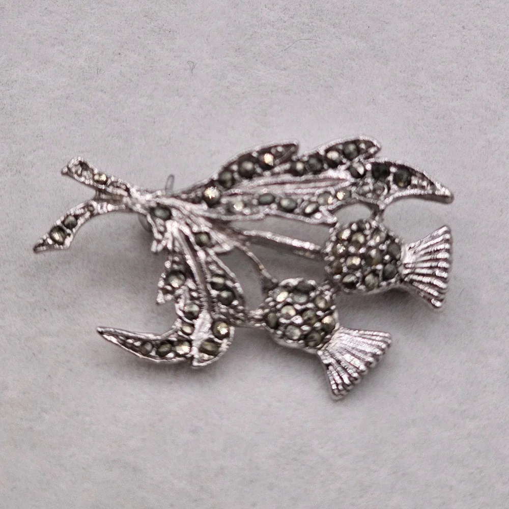 Scottish Double Thistle Brooch Silver Tone Celtic Marcasite Style Floral Pin